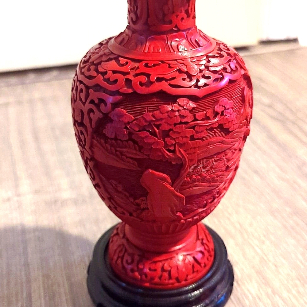 Vintage Chinese Cinnabar Carved Vase with Stand - Picture 3 of 9